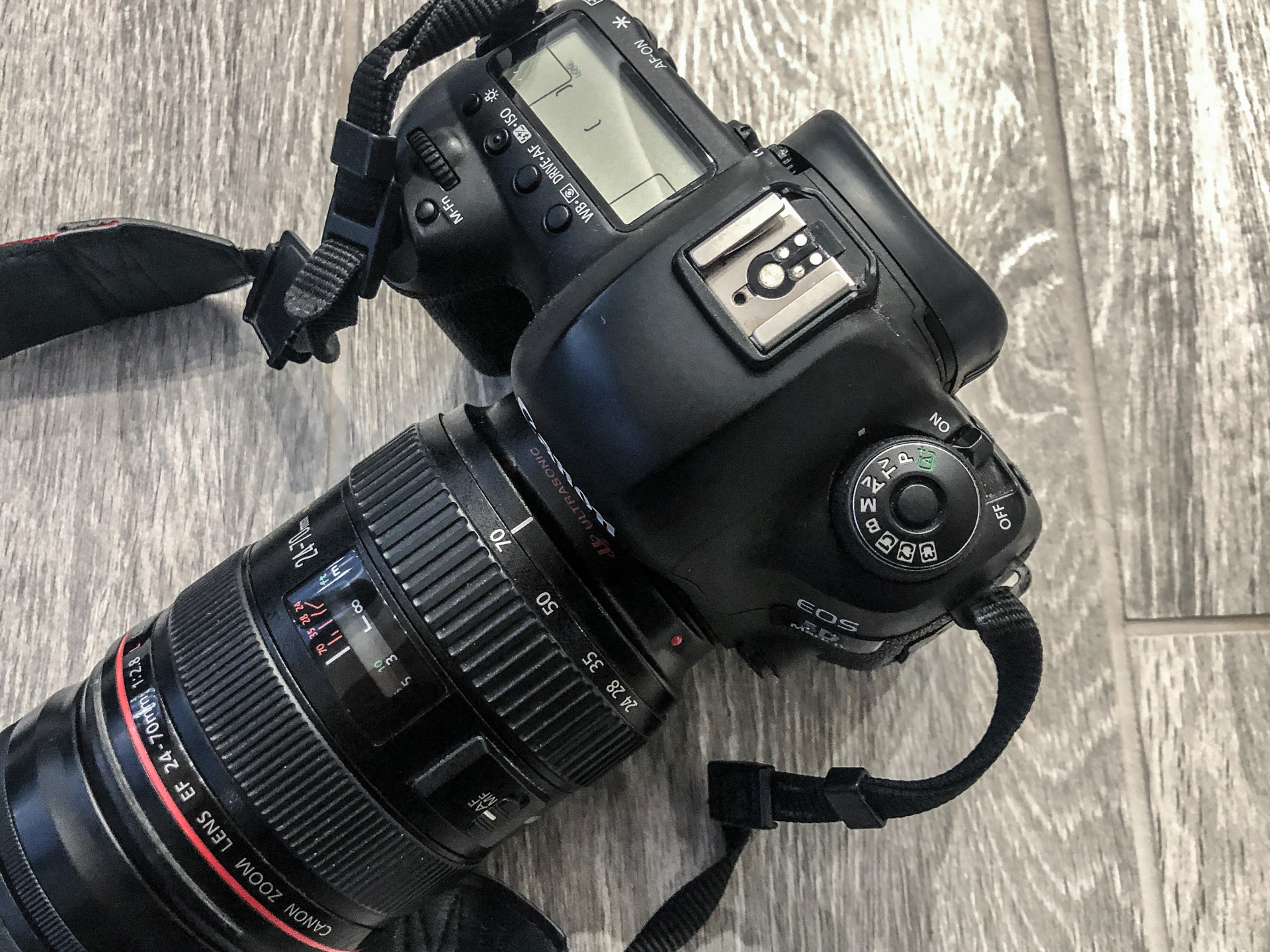 DSLR camera on a wooden background
