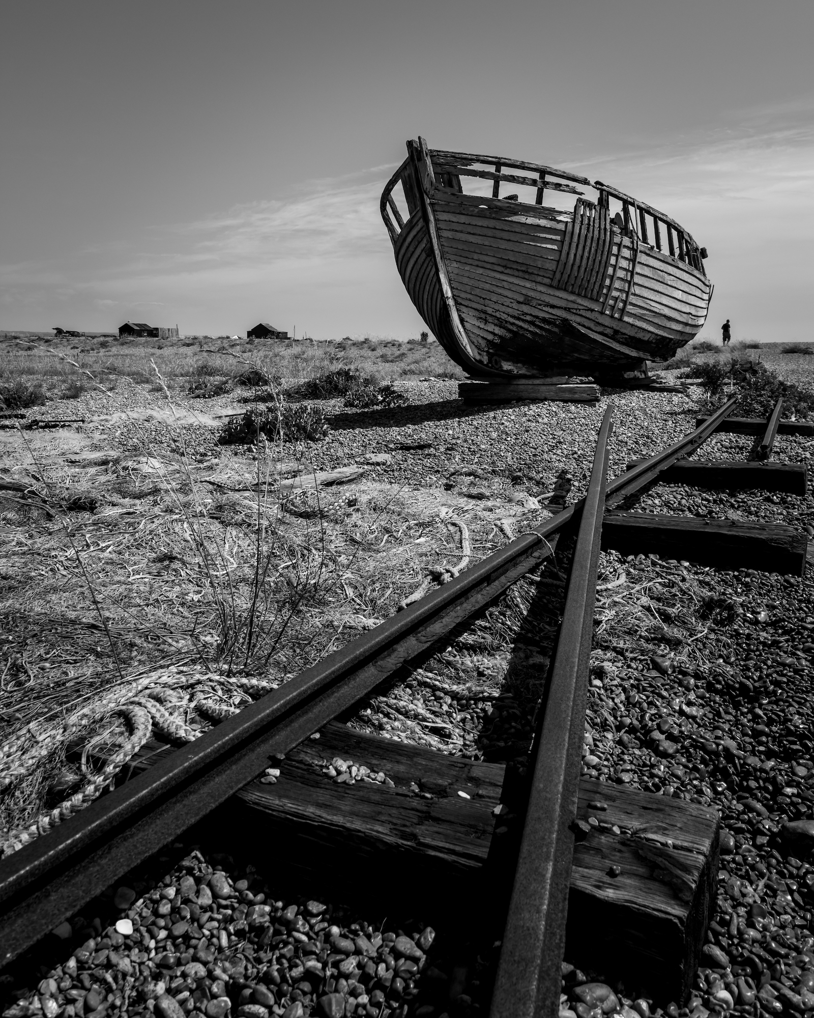 One of the many fishing boats left to rot on the beaches at Dungeness.