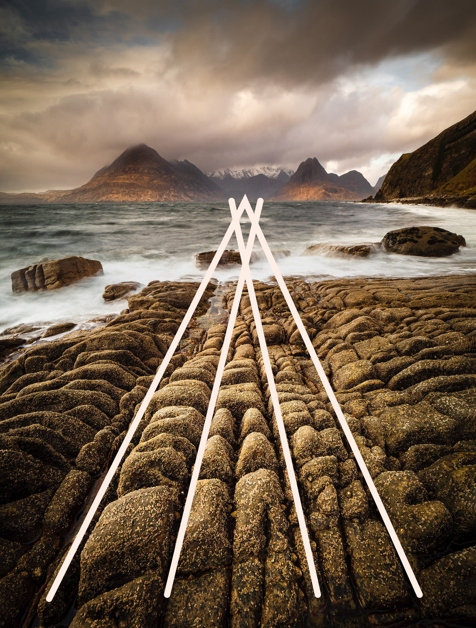 Lines in the rocks at Elgol leading to the Black Cullin mountains across the bay with added leading lines to show the compositional technique