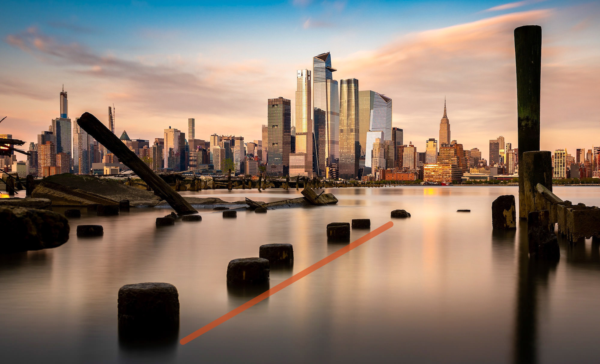 NYC long exposure at Golden Hour with added leading lines to show compositional technique