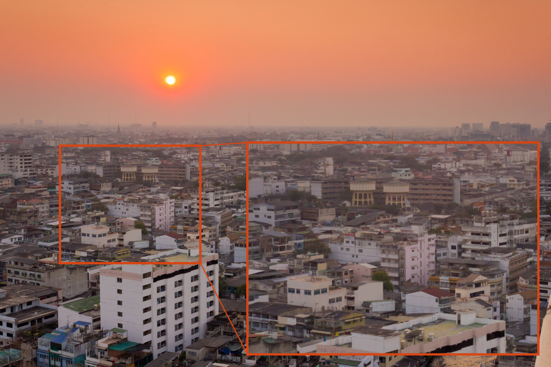A blurred cityscape caused by the image stablization feature turned off on the camera