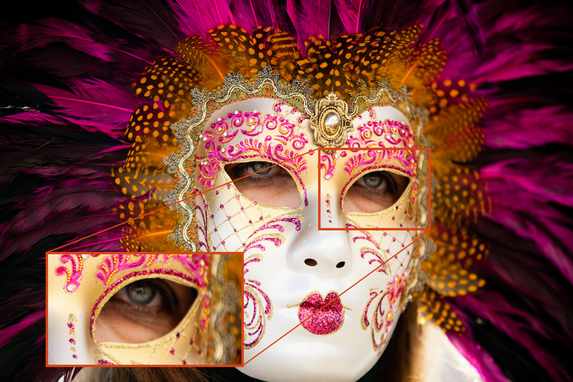 Portrait of a masked Venice carinval reveller where the focus is incorrectly placed