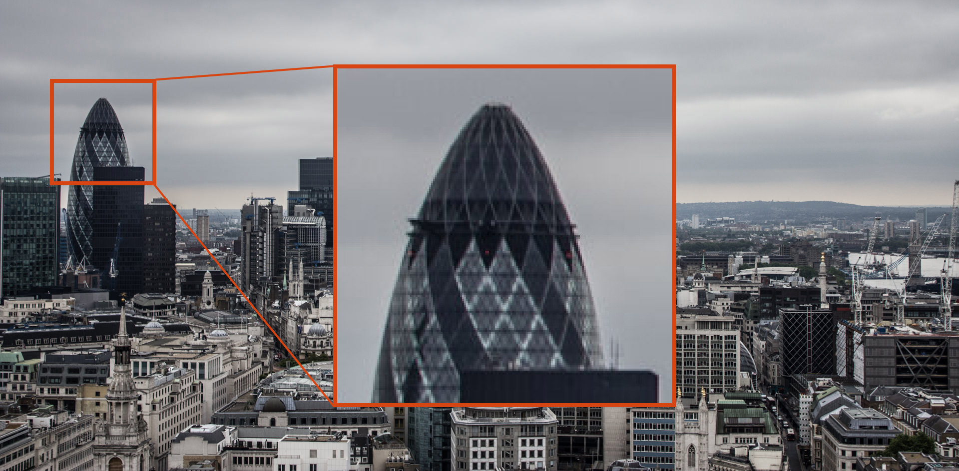 Zoomed in view of The Gherkin, London, caused by a low aperture