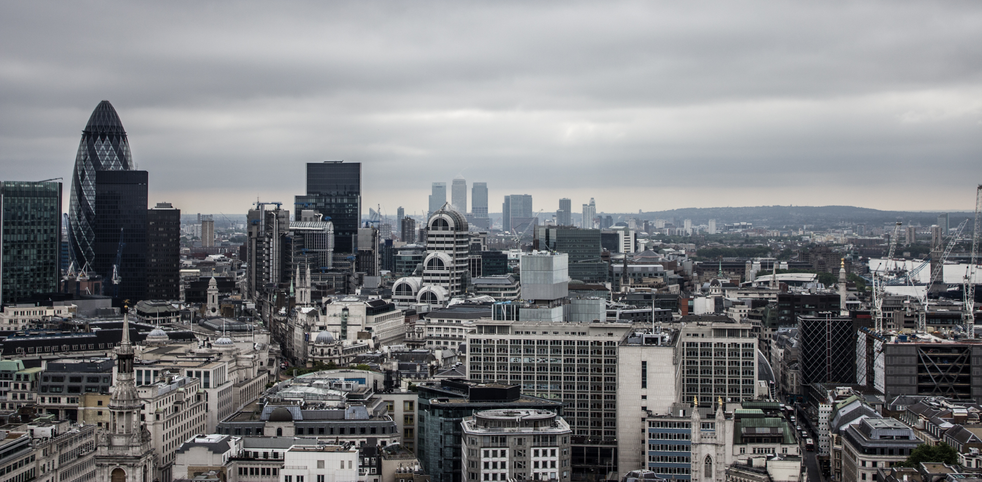The London skyline from St. Paul's Cathedral on an overcast day