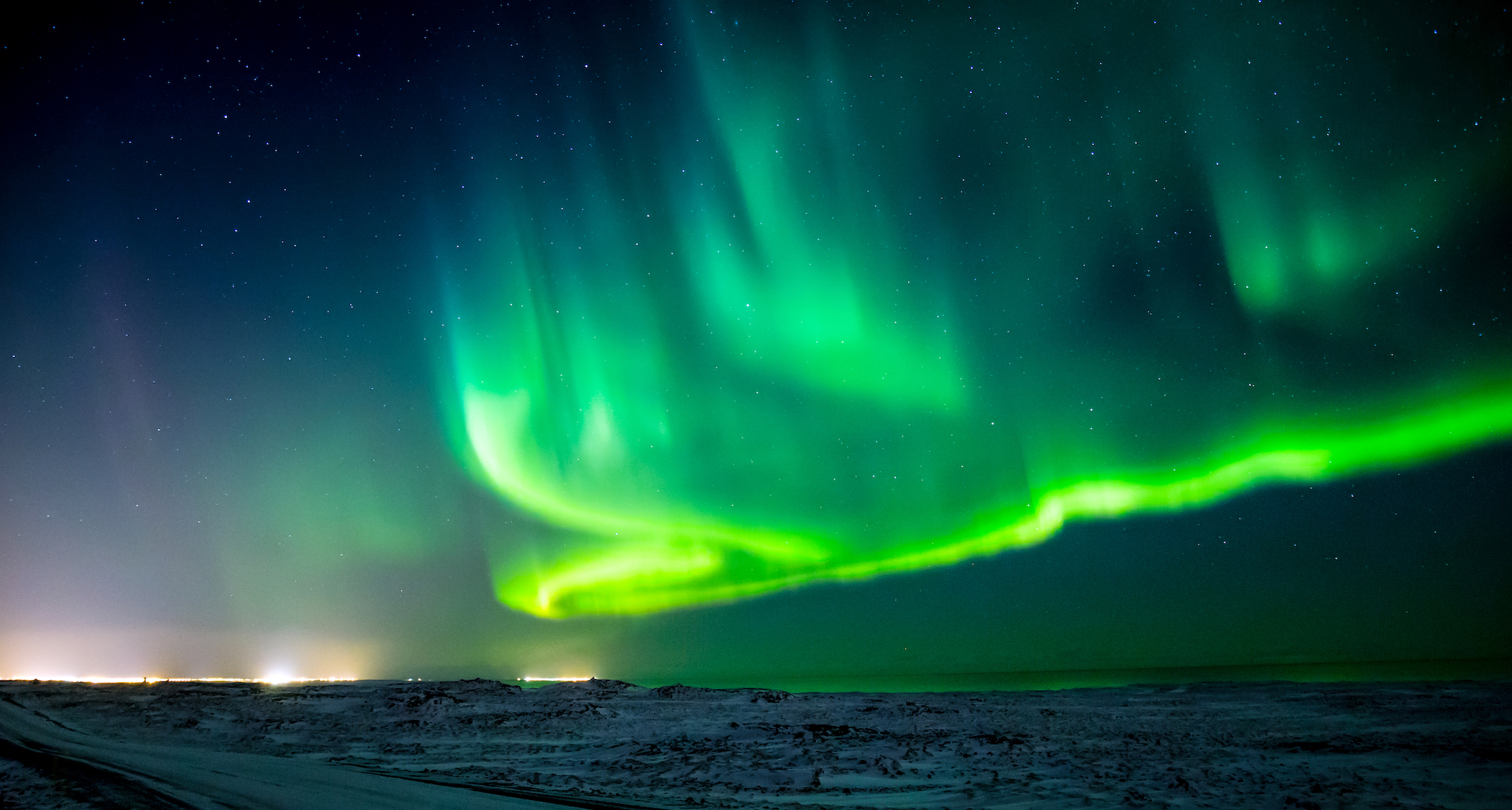 Composition of the Northern Lights over Iceland with a low horizon