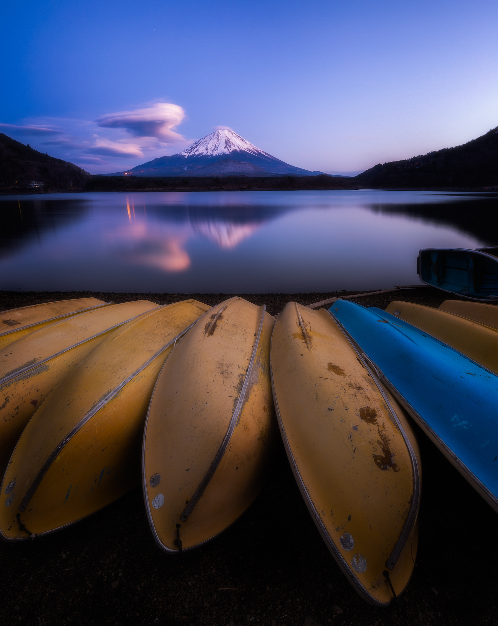 Sunset reflections at Lake Shoji, Japan