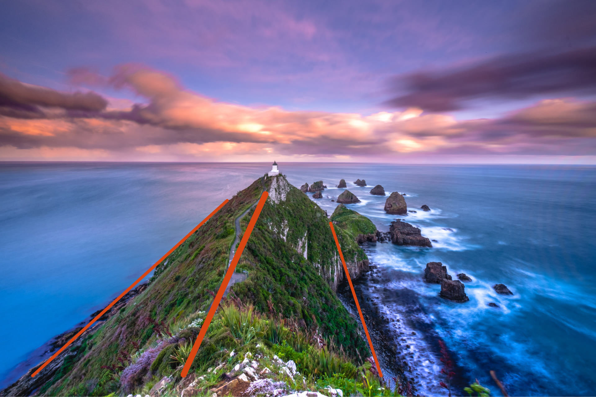 Landscape composition with leading lines guiding the viewer to the Lighthouse