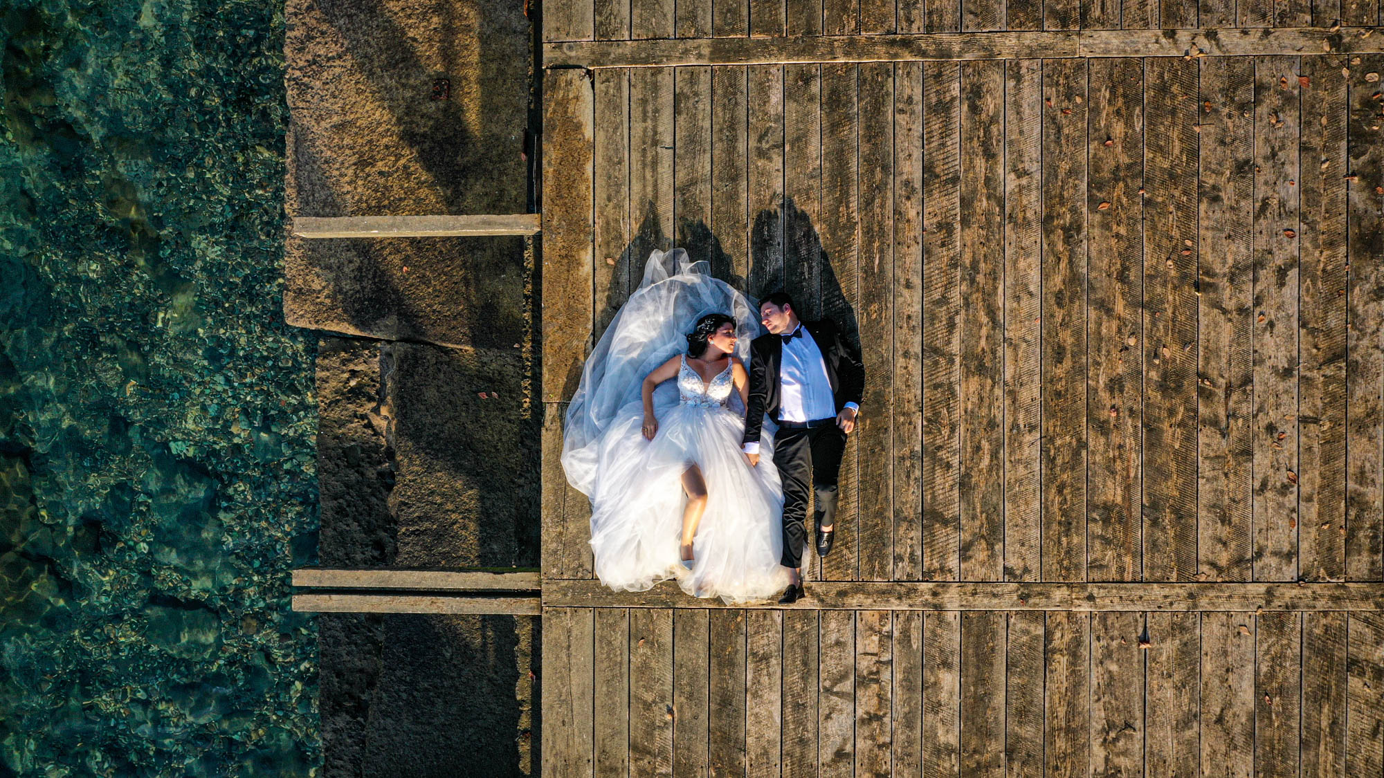 Photo of a bride and groom taken from above by drone