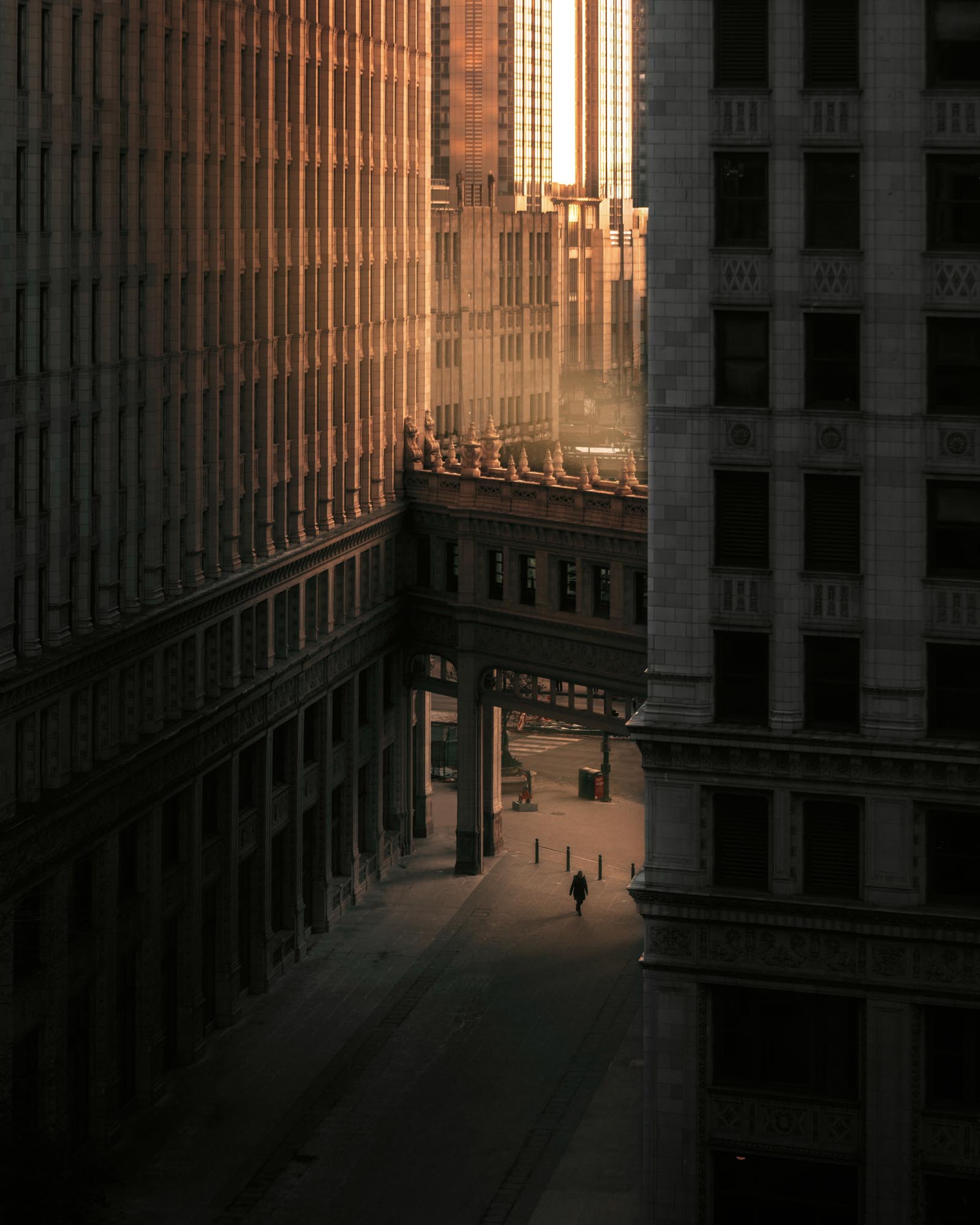 A man makes his morning commute in the golden light of morning, Chicago