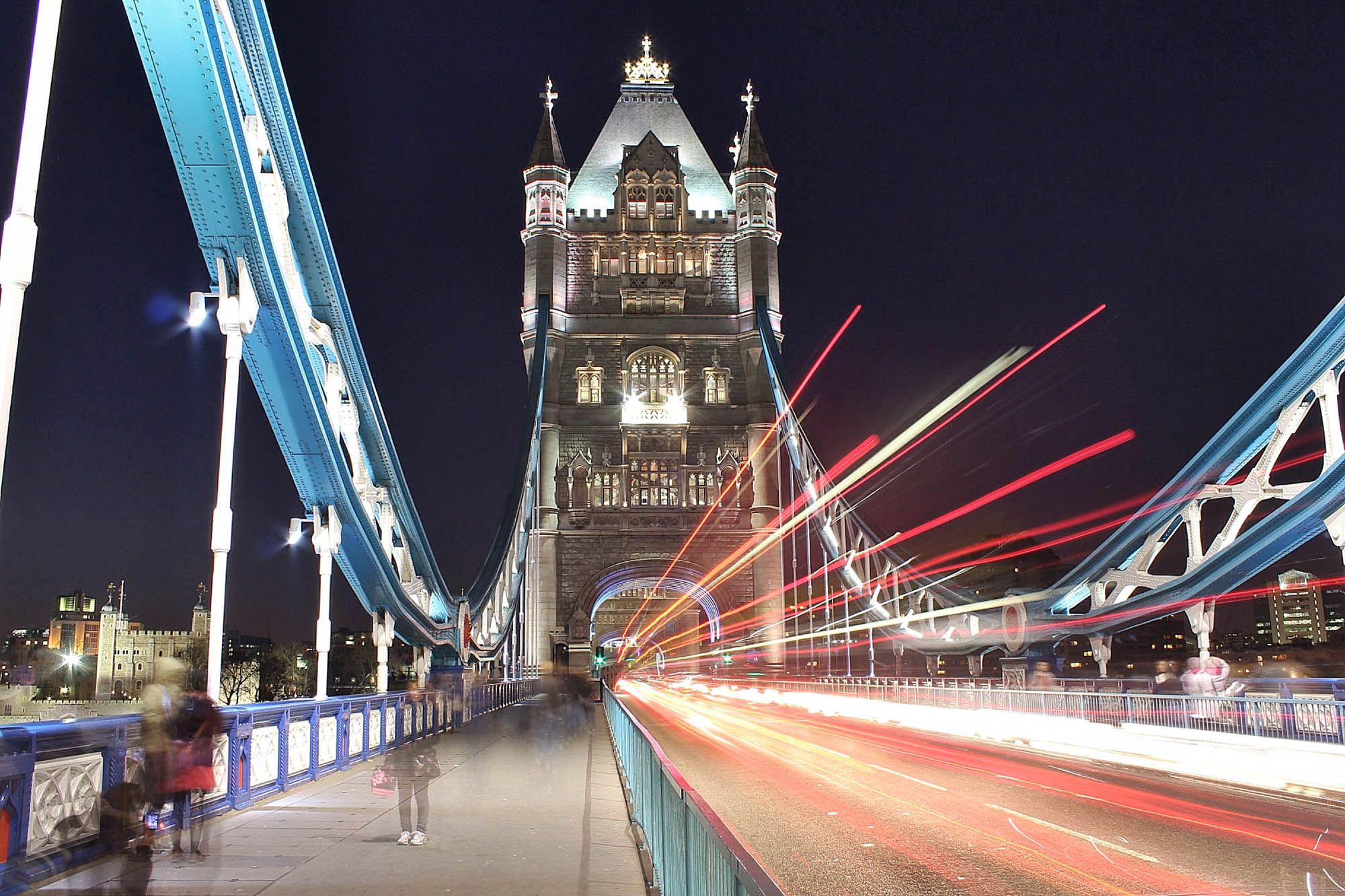 Night shot of traffic travelling over Tower Bridge, London