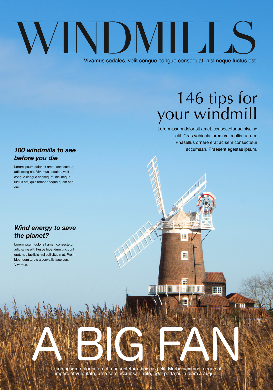 Mock up of a magazine cover featuring the image of a windmill