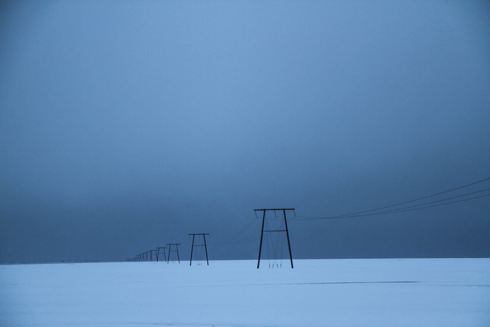 Pylons stretch into the eerie grey of the Icelandic winter.