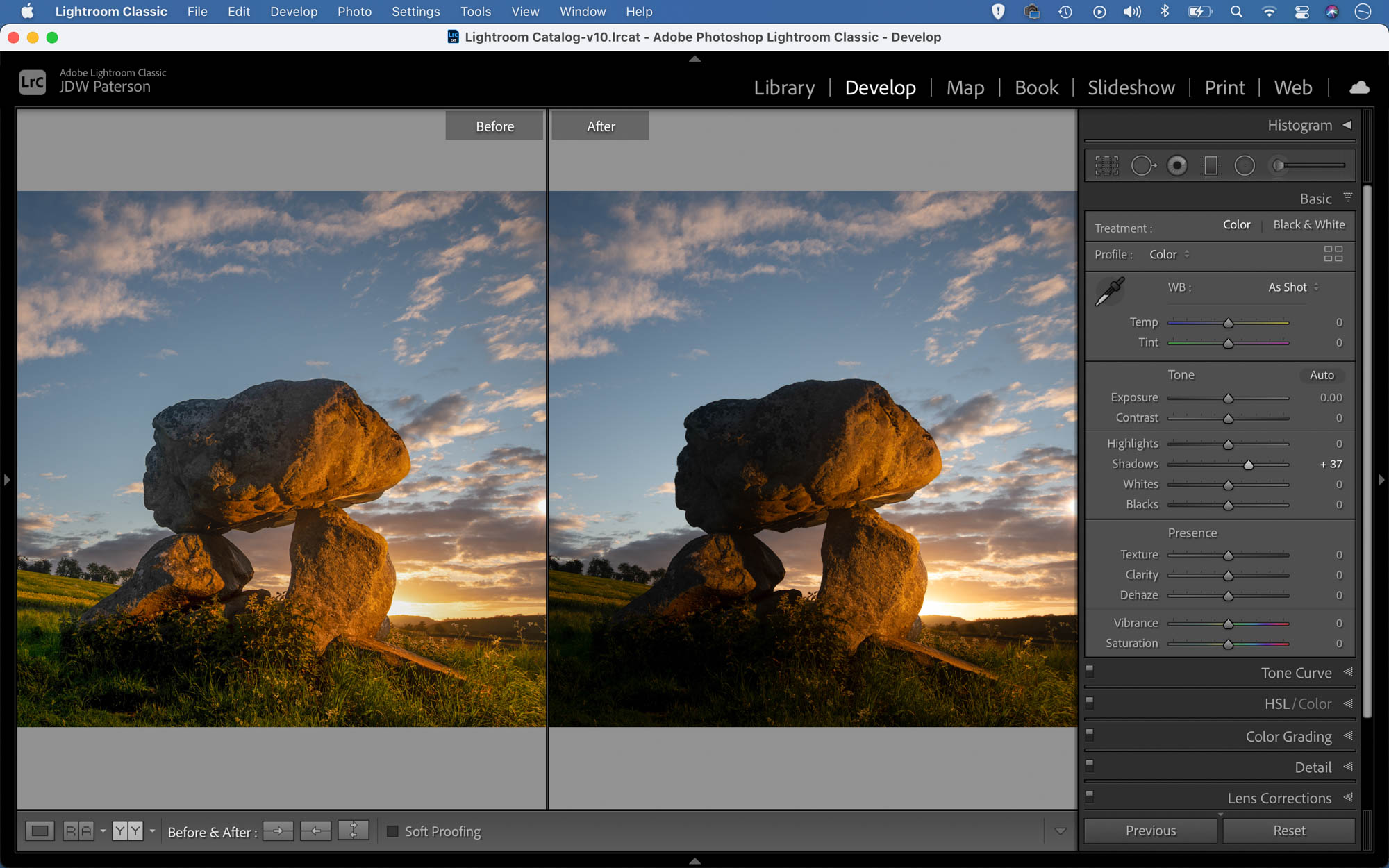 View of two versions of an image as seen in Lightroom