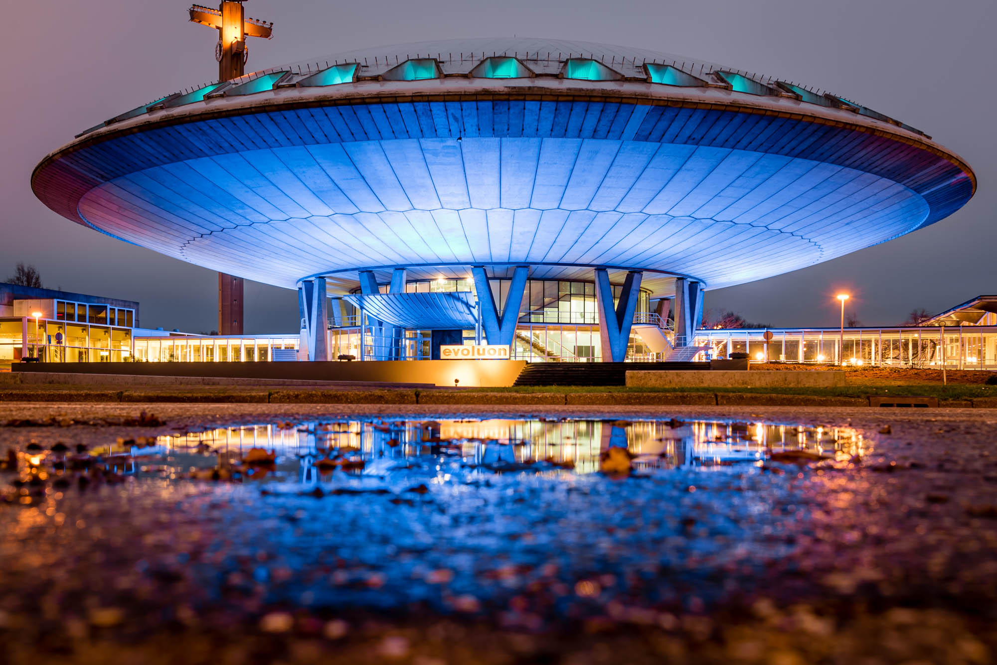 The Evoluon in Eindhoven, Netherlands, photographed from a low camera angle