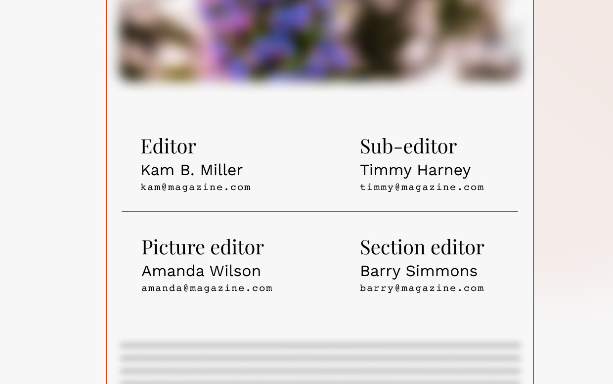 Mockup of a flannel pannel in a magazine with contact details for Editors