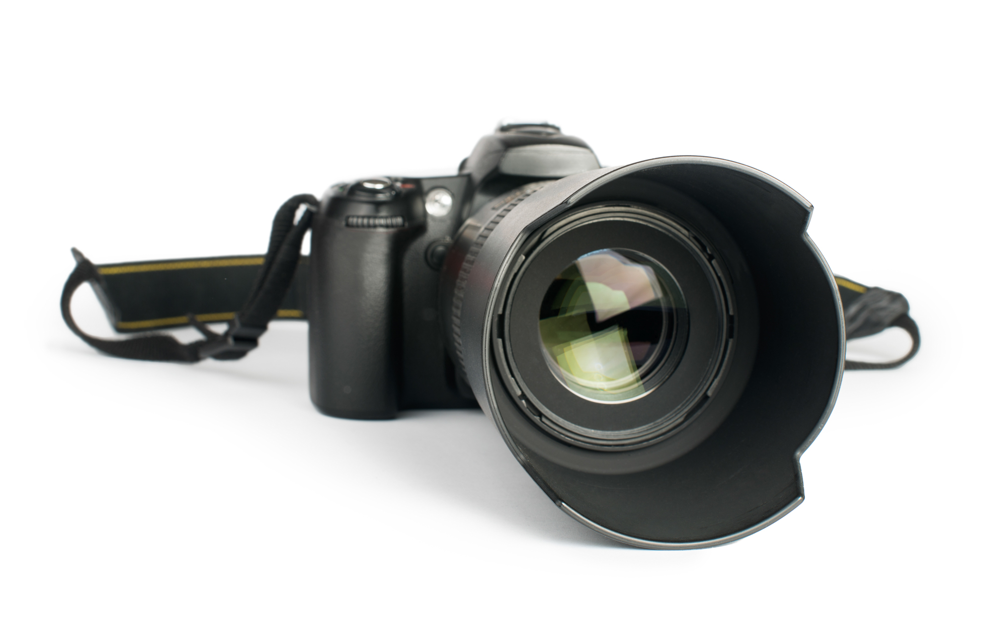 DSLR camera with a zoom lens white isolated studio shot.