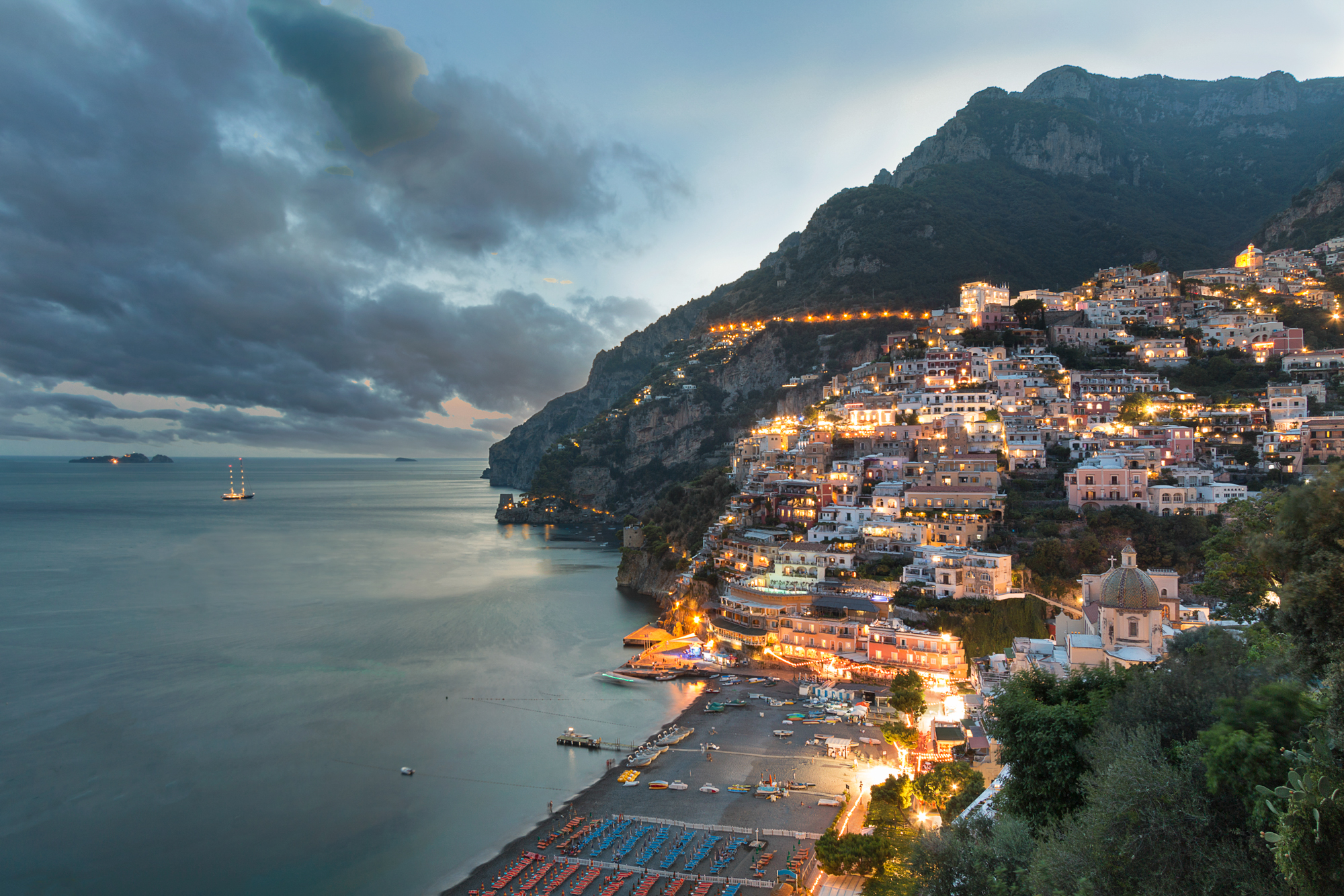 Dusk view of Positano, on the Amalfi Coast, Italy