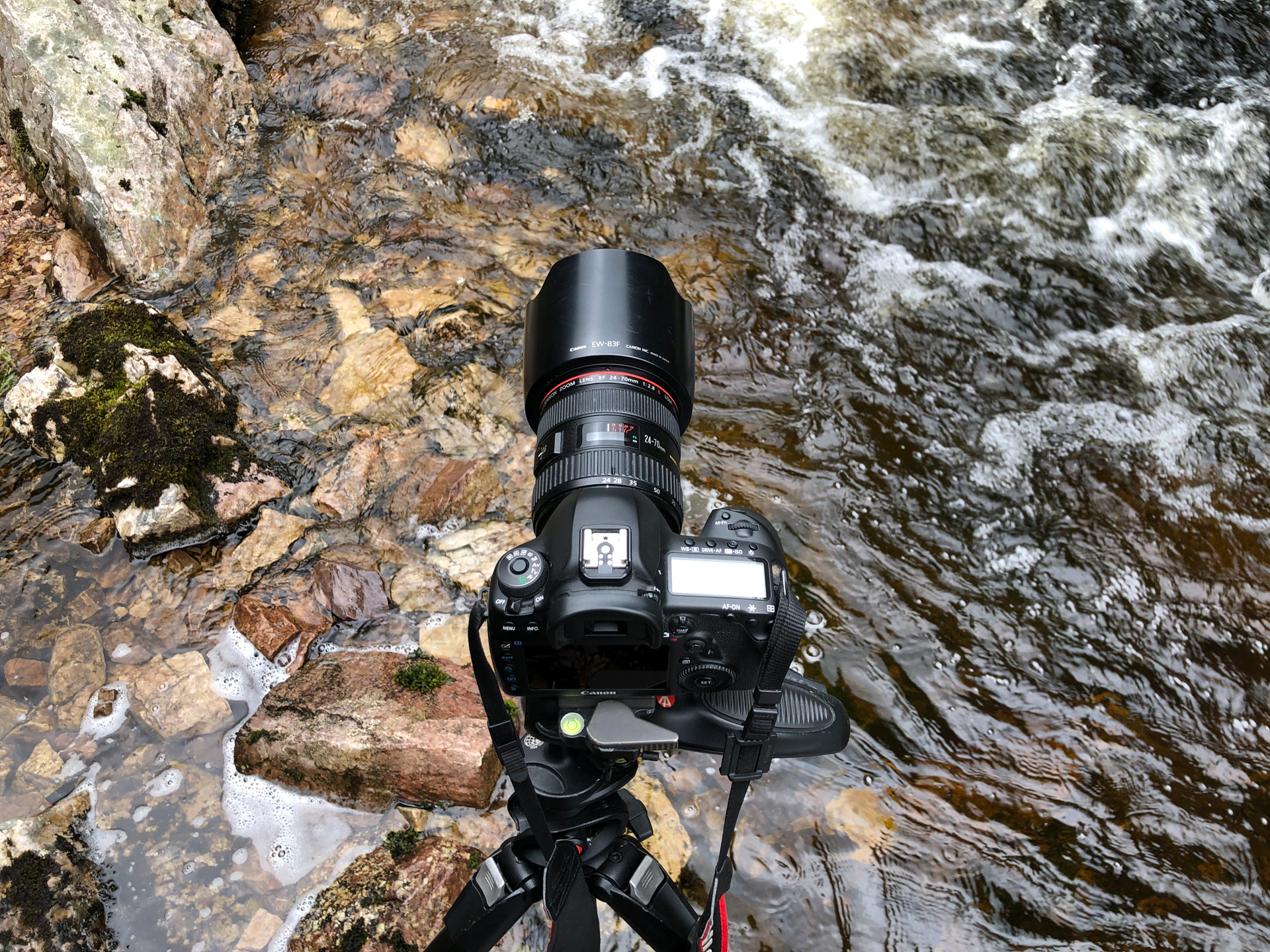 Camera perched on a tripod in a stream
