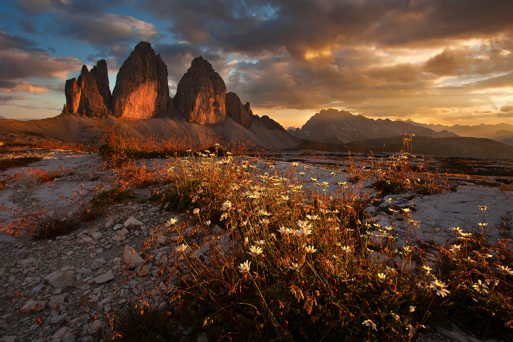 Sunset at the three monoliths. Eastern Dolomites-Italian Alps.