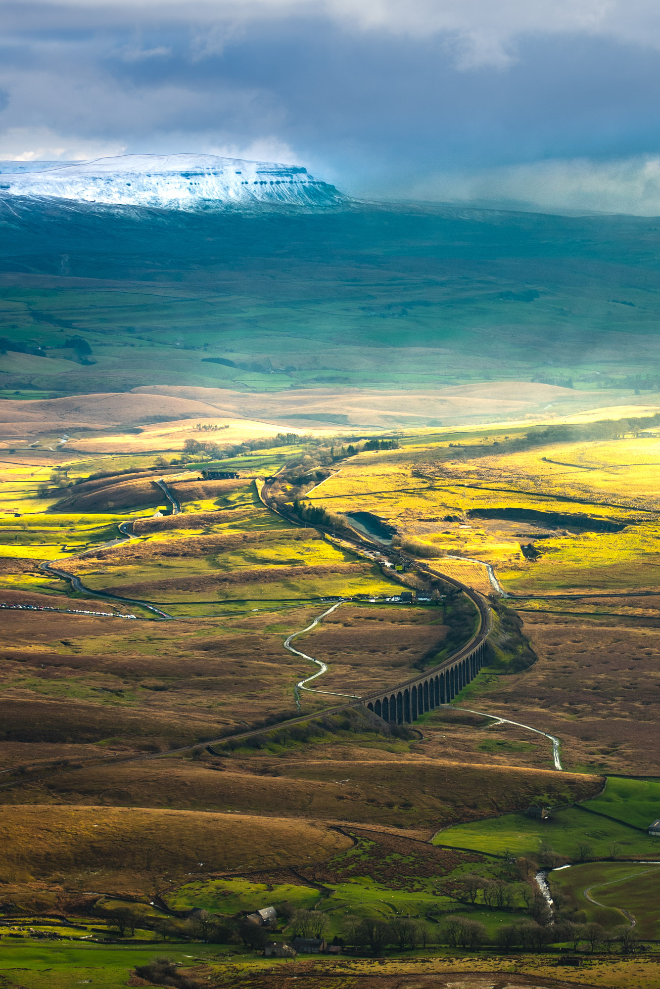 Leading lines of RibbleHead Viaduct taking you to a cold and mysterious Pen-Y-Ghent.