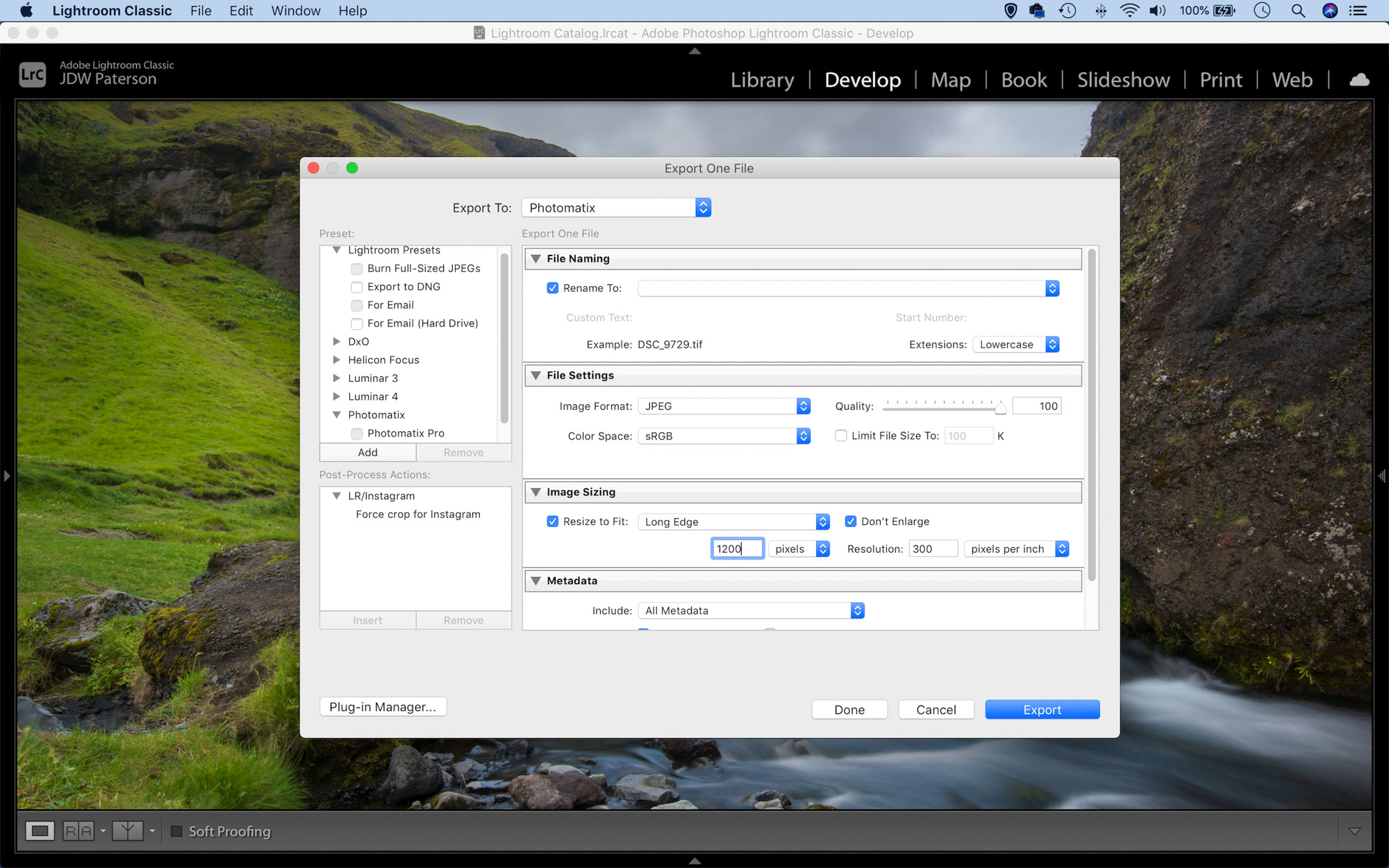 The export options in Lightroom