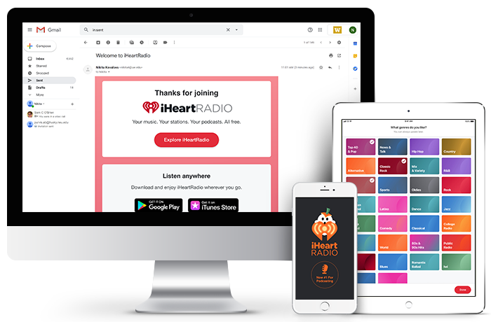 A desktop, tablet, and mobile phone showcasing iHeartRadio projects.