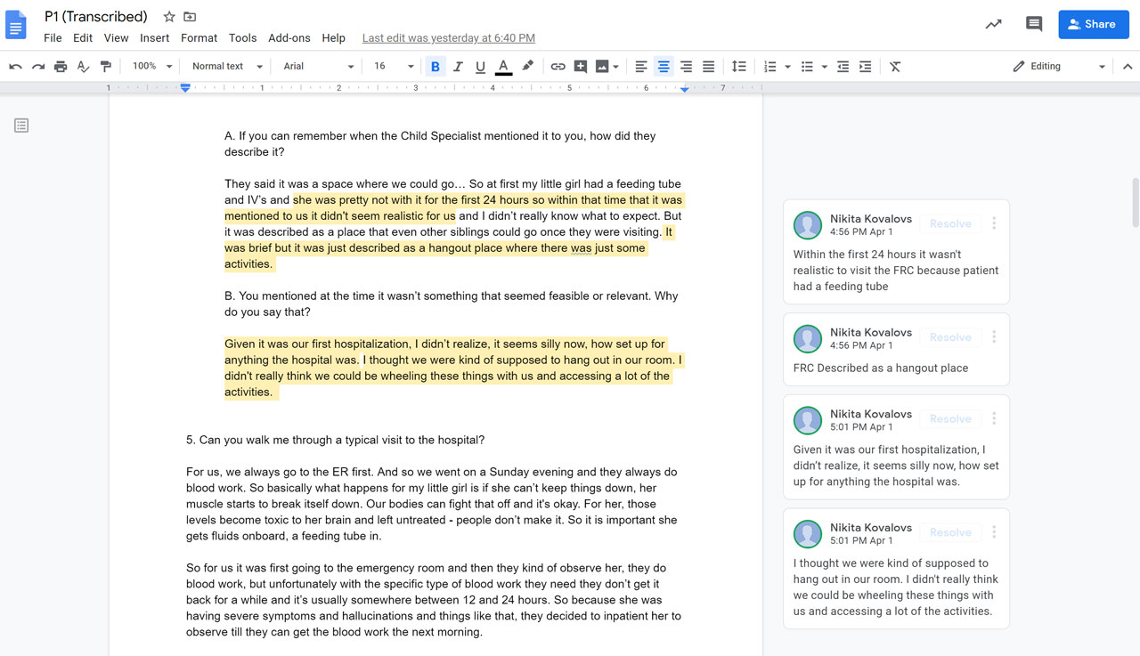 Document parsing transcribed interview into salient bits of information.