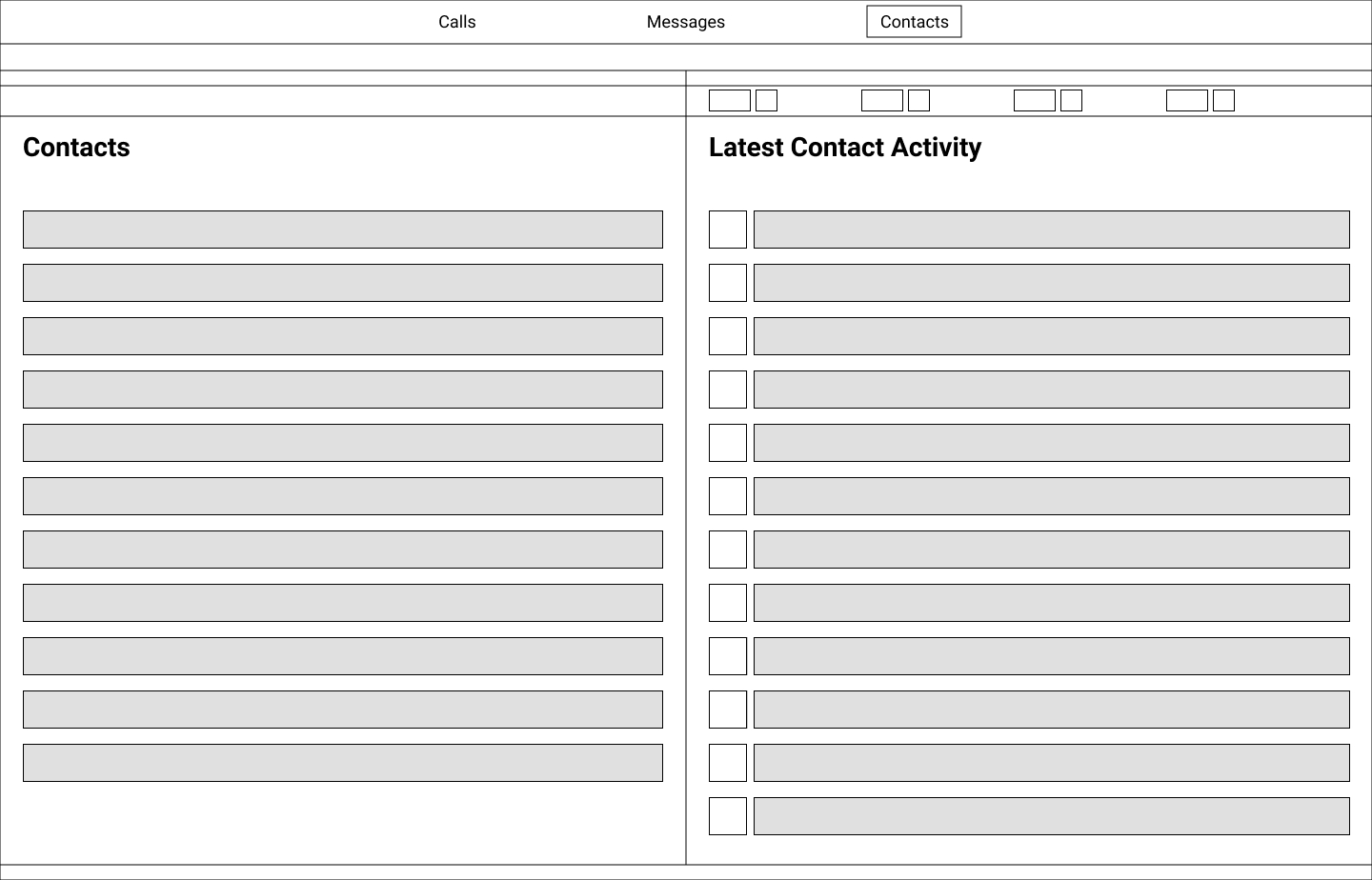 Wireframe of contacts screen.