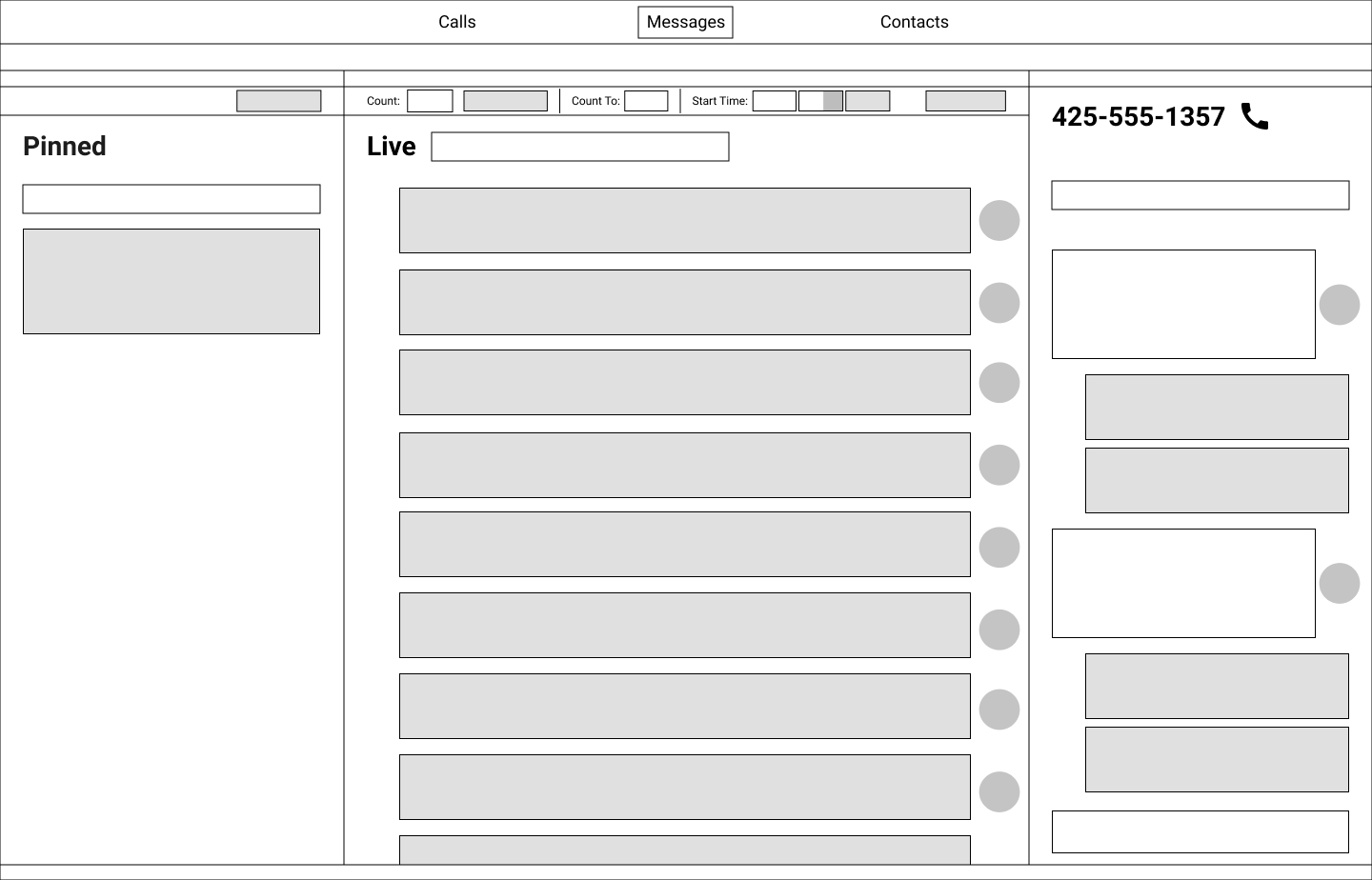 Wireframe of messages screen.