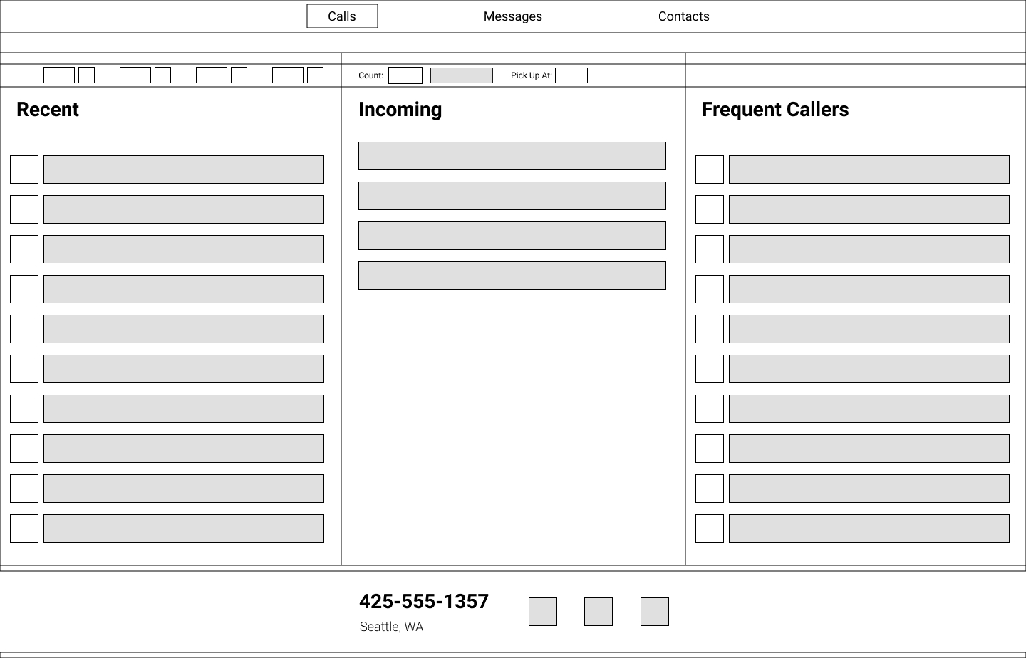Wireframe of calls screen.