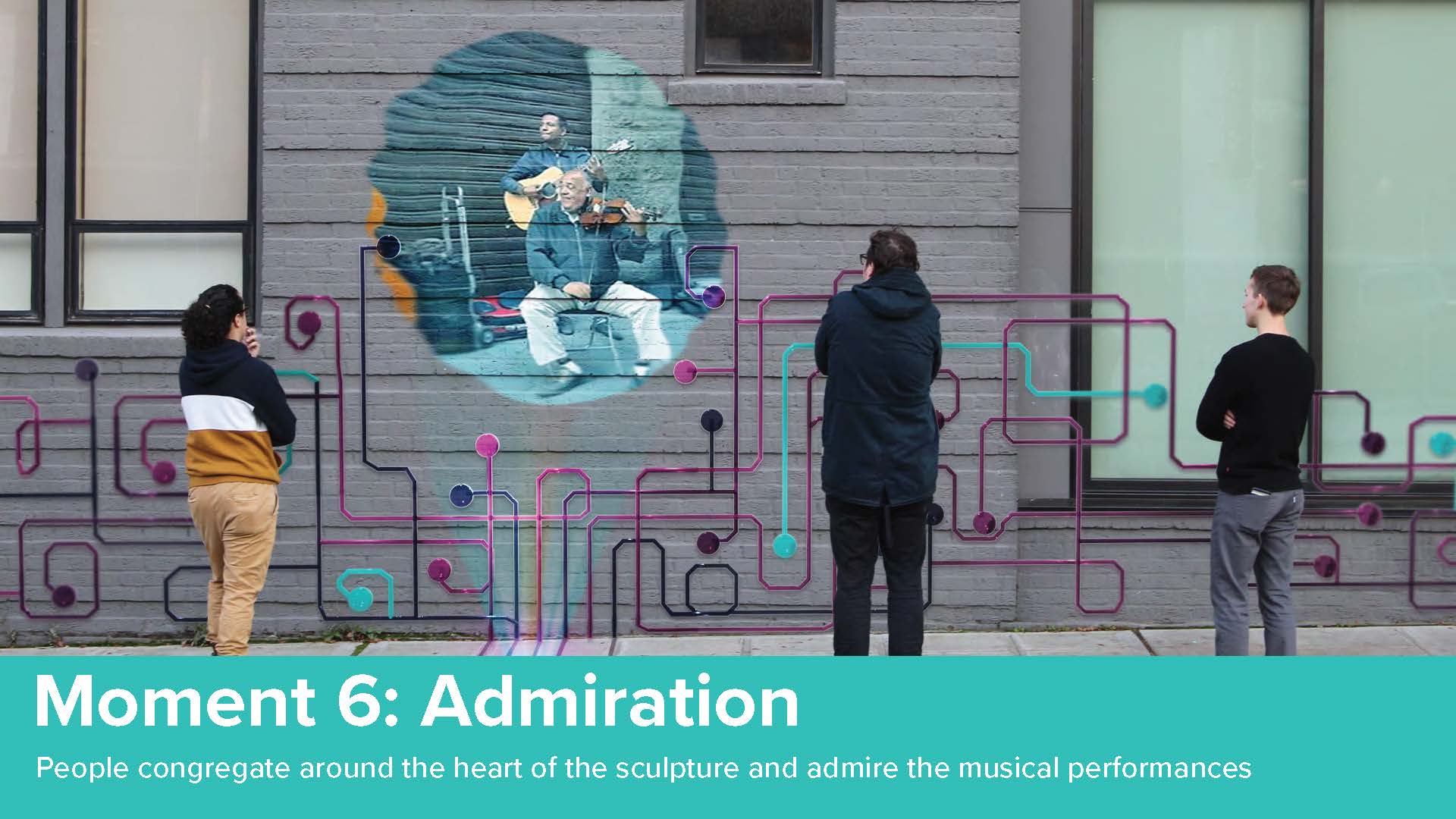 People congregate around the hear of the sculpture and admire the musical performances.