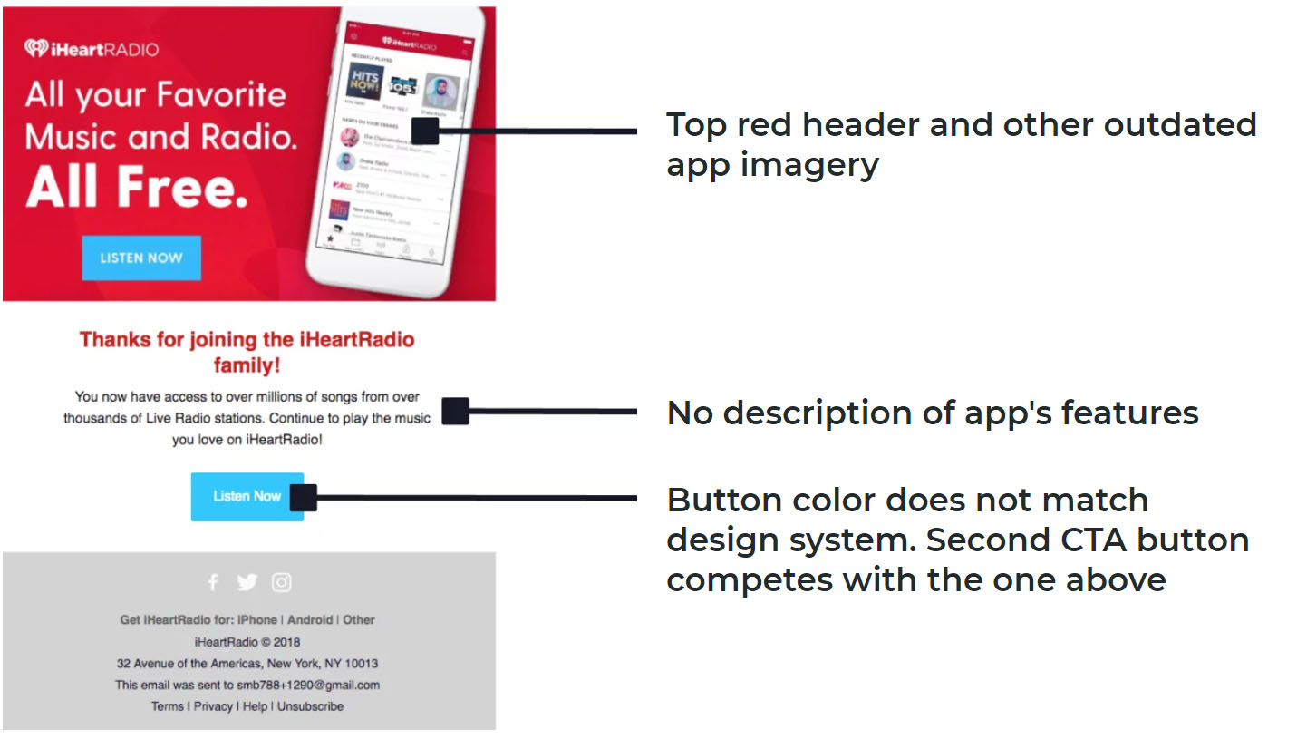 Design flaws of old lifecycle emails: Top red header and other outdated app imagery, no description of app's features, button color does not match design system