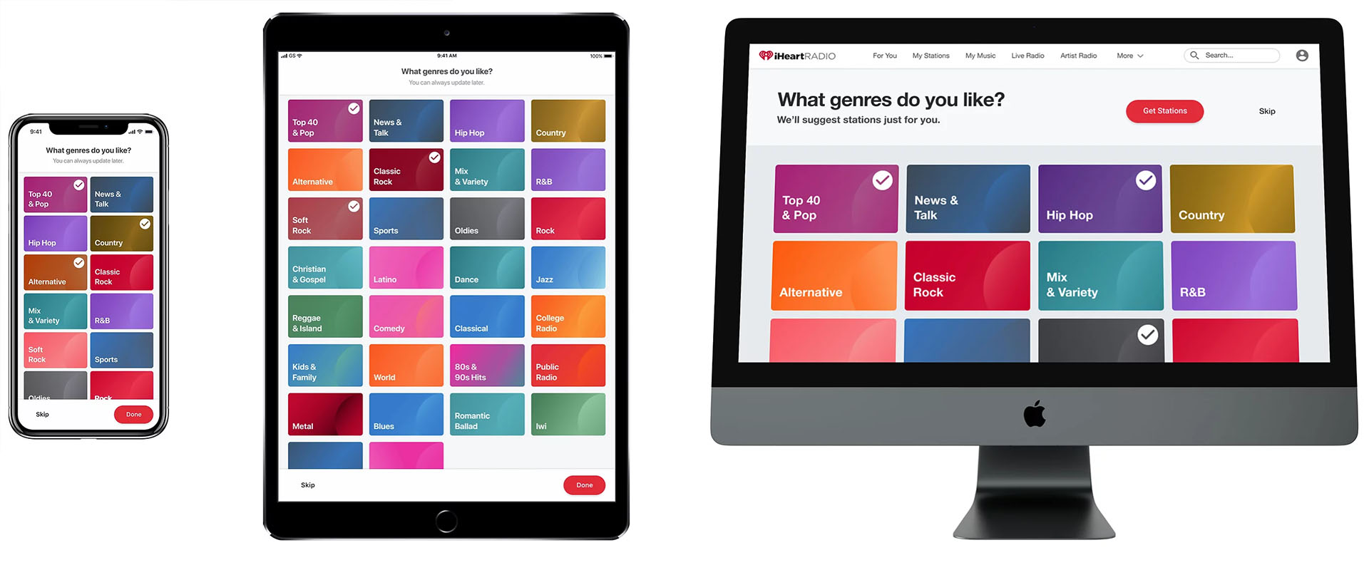 Mobile, tablet, and desktop with genre picker screen.