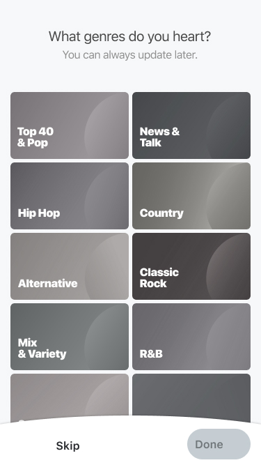 Genre picker screen with unsaturated tiles.