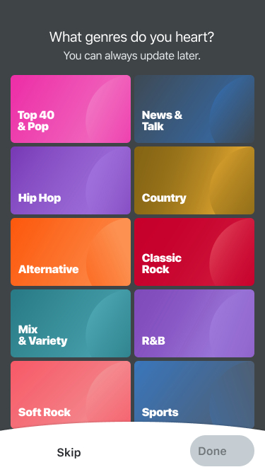 Genre picker screen with unselected tiles on a dark gray background.