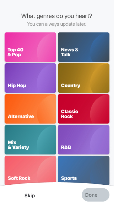 Genre picker screen with unselected tiles.