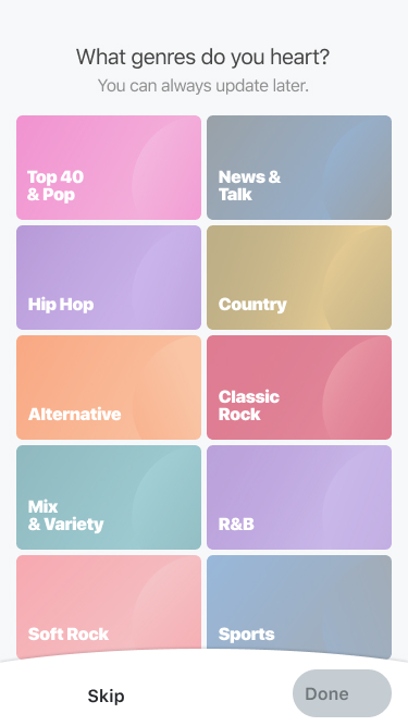 Genre picker screen with low opacity unselected tiles.