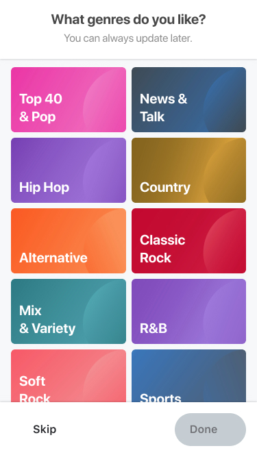 Genre picker screen with unselected tiles.