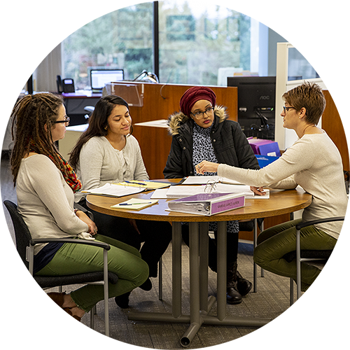A group of researchers sitting around the table discussing innovation training.