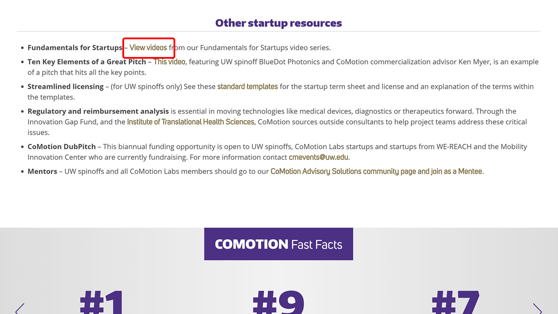 A page of the CoMotion website that shows the low contrast style used for links.