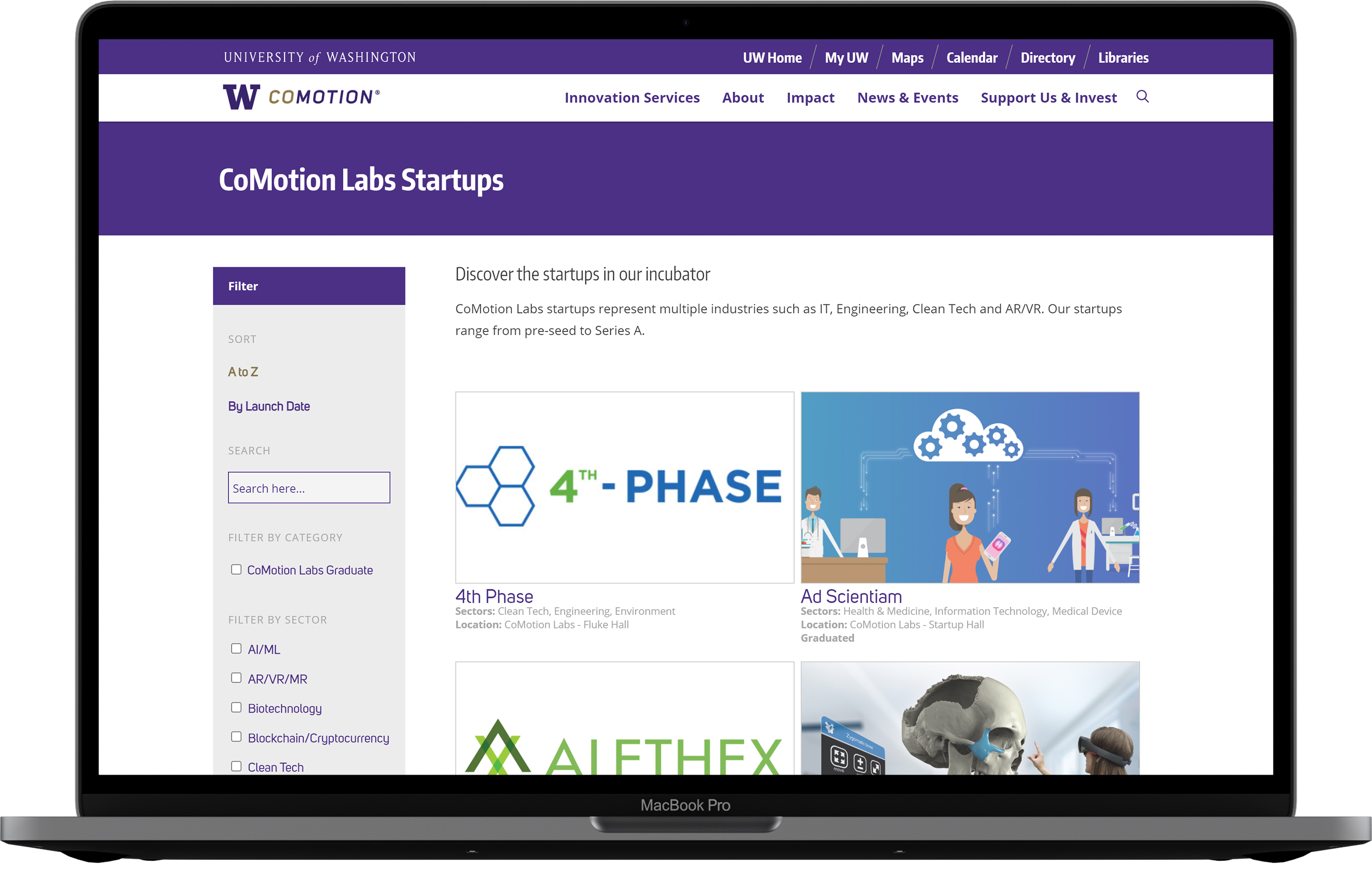 Search CoMotion Labs startups page of CoMotion website.