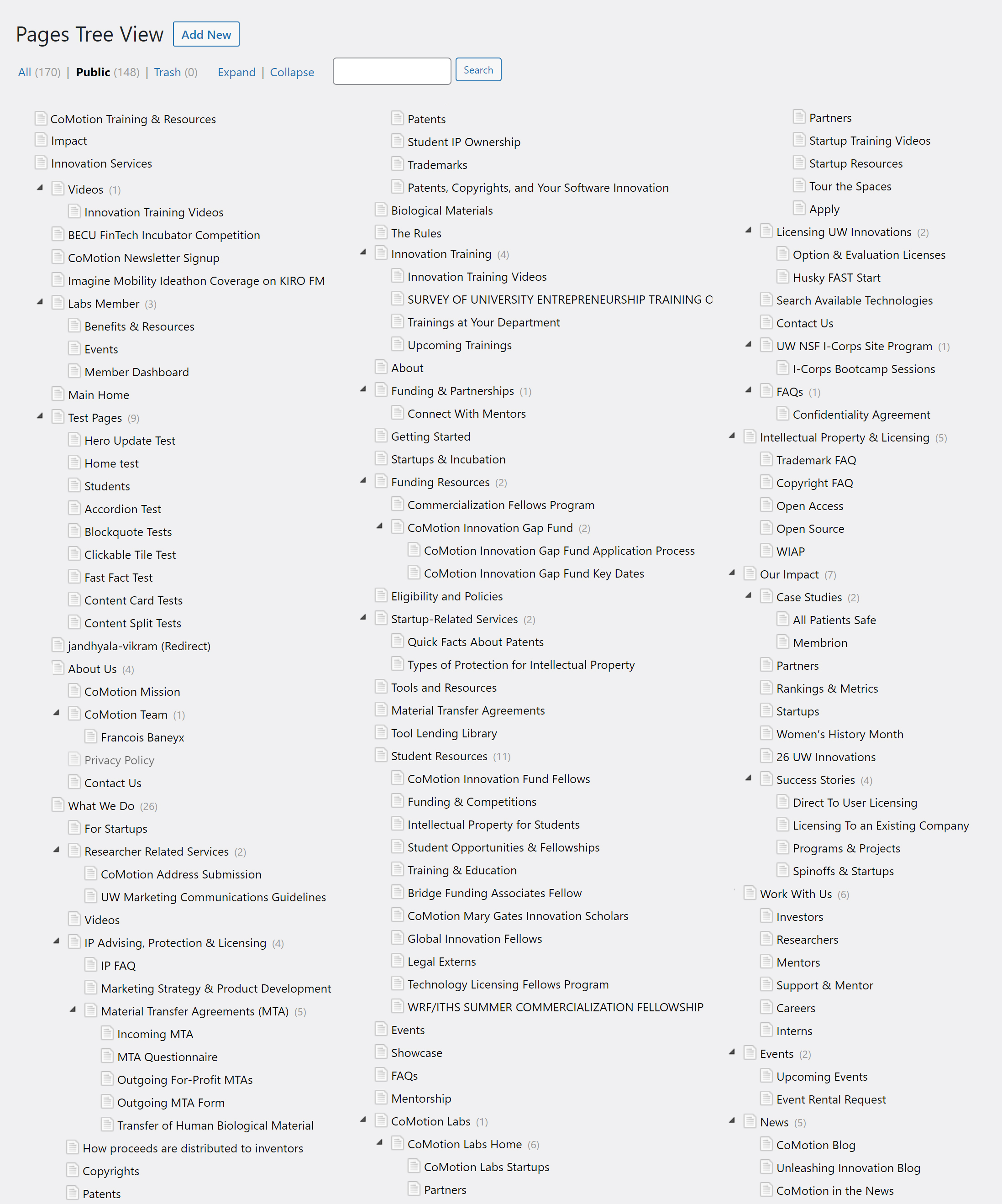 A list of all the pages on the old CoMotion website.