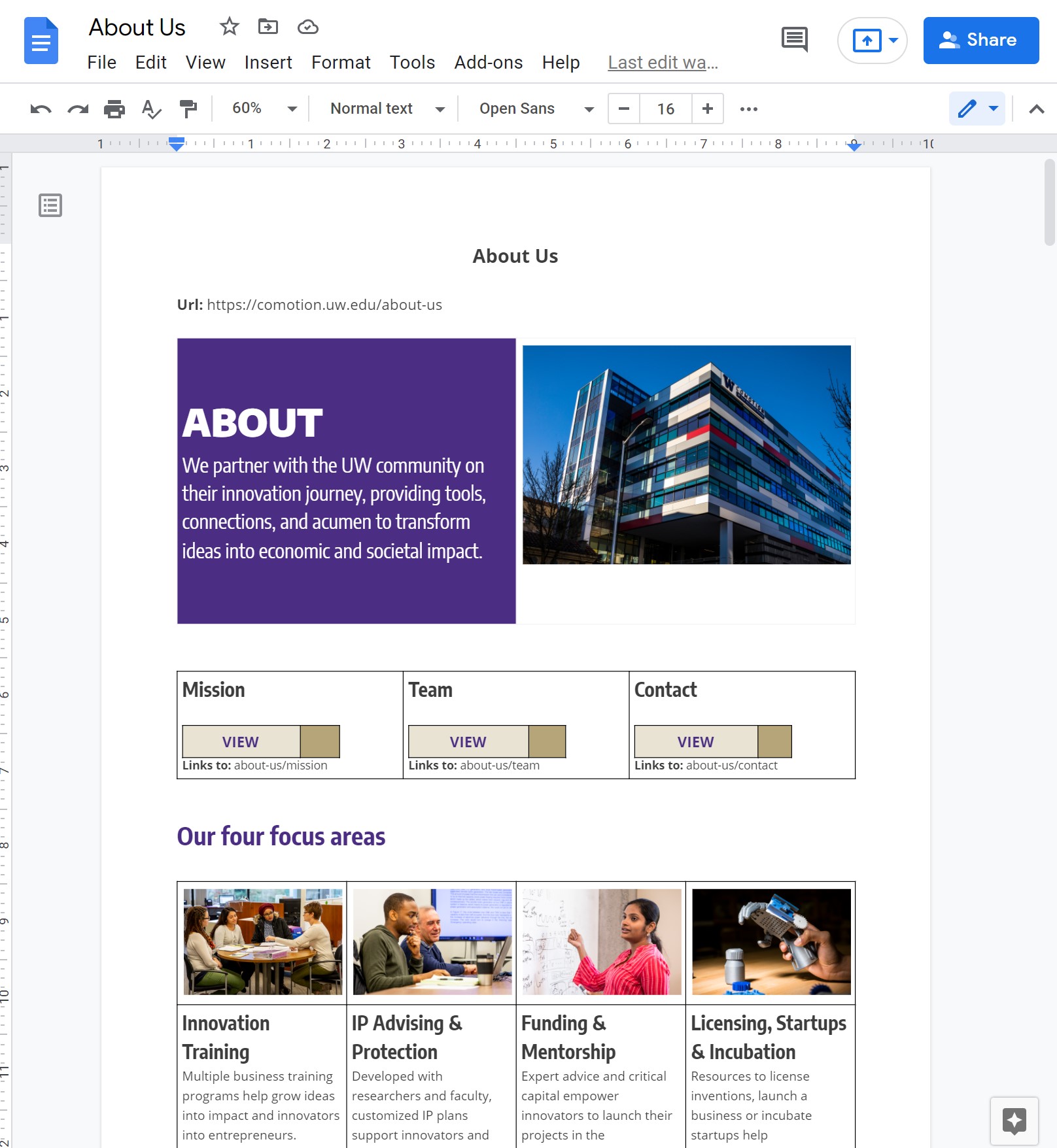 A Google Doc content outline of the new CoMotion about page.