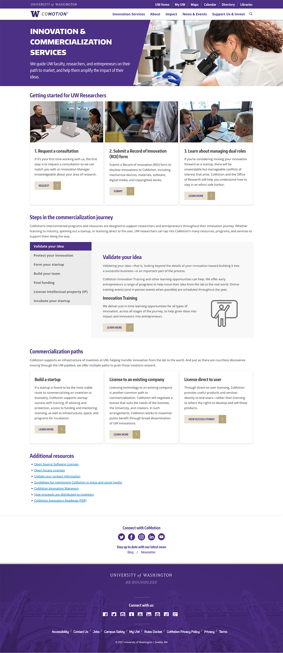 New commercialization page on the CoMotion website.