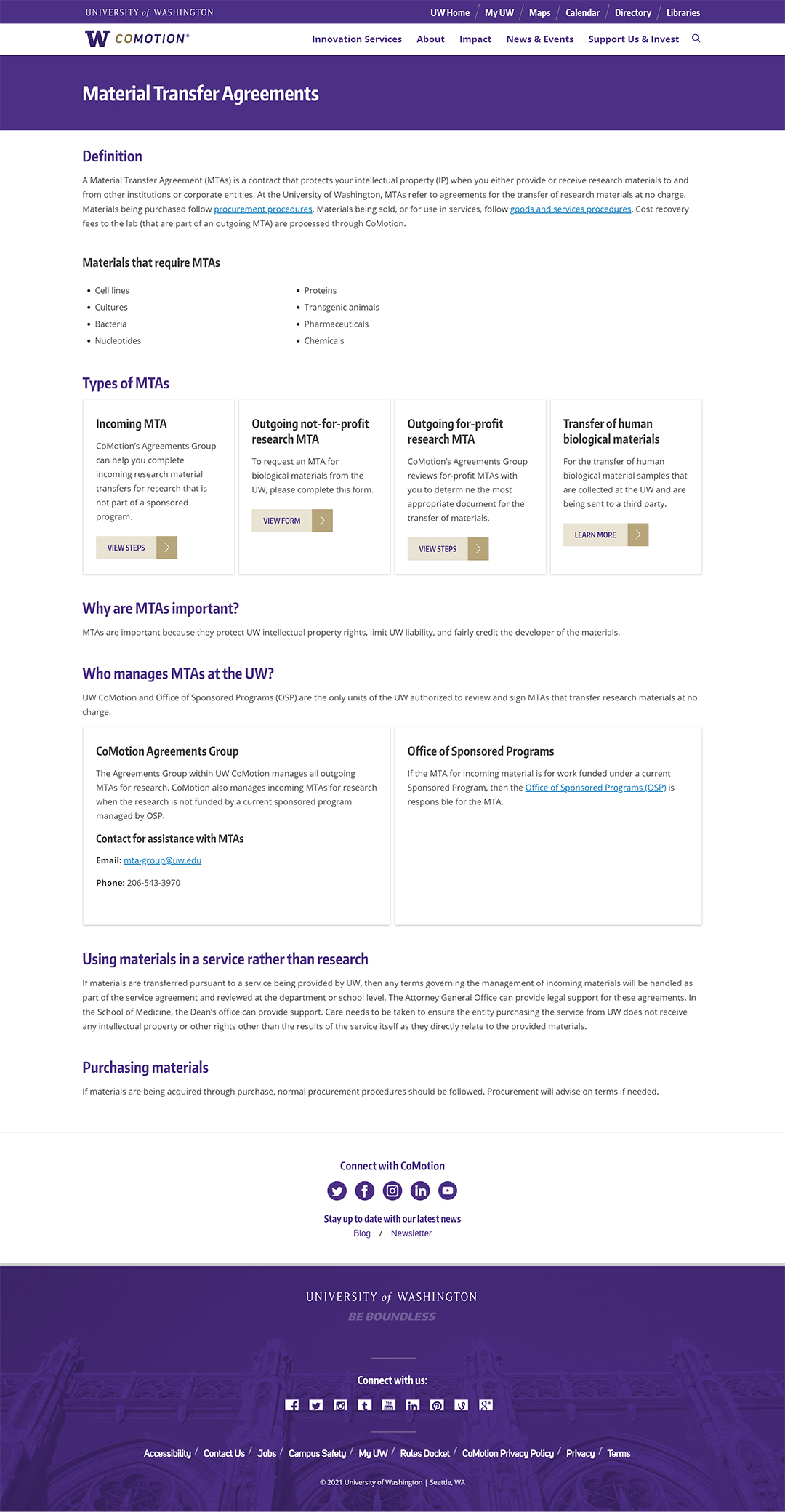 New material transfer agreements page on the CoMotion website.