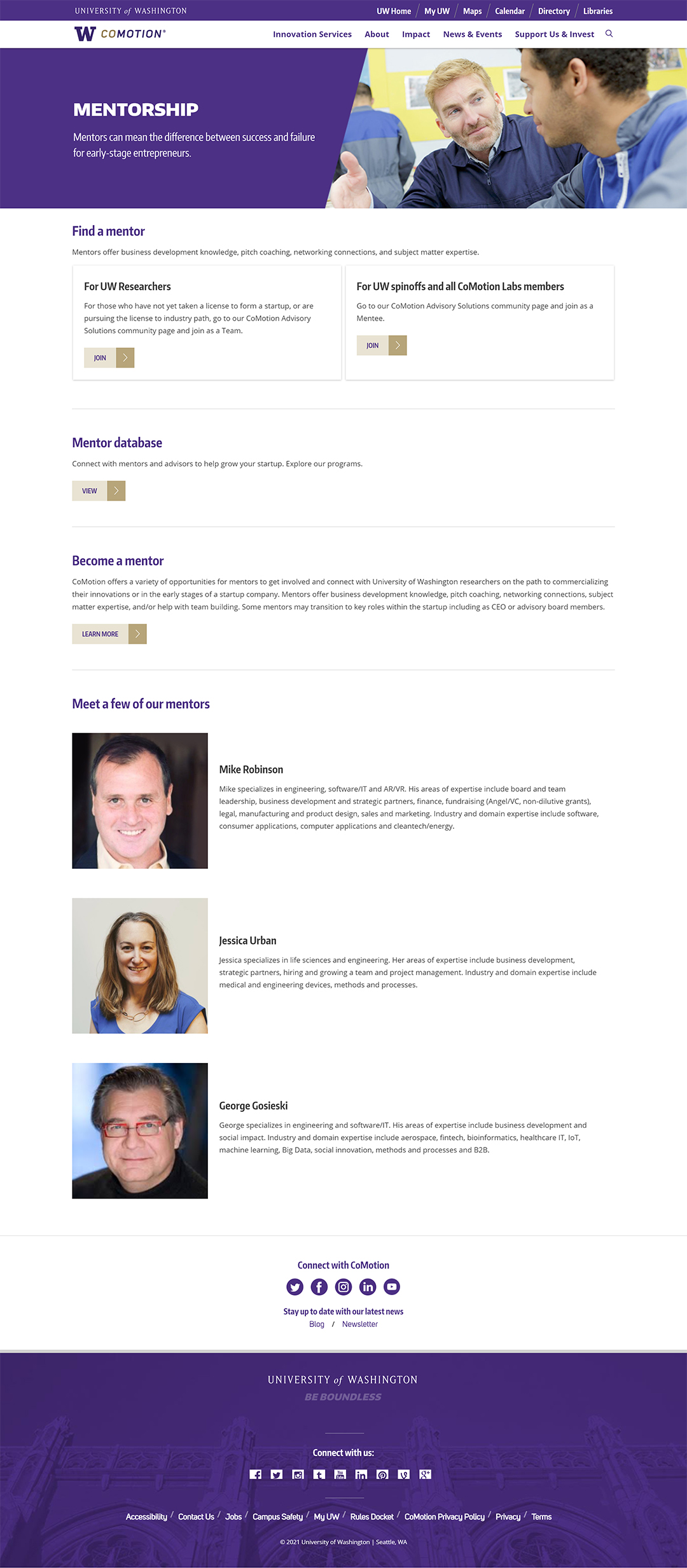 New mentorship page on the CoMotion website.