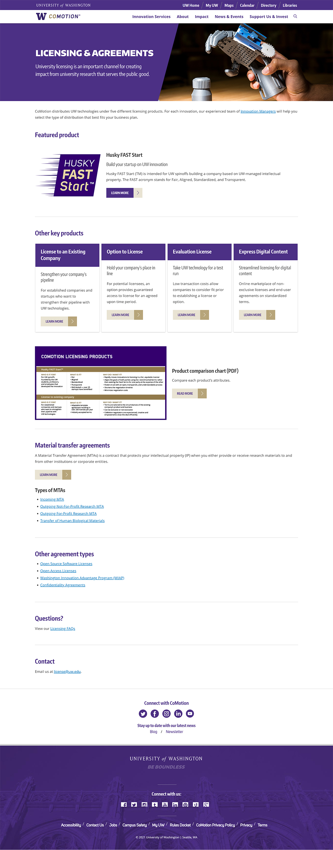 New licensing page on the CoMotion website.