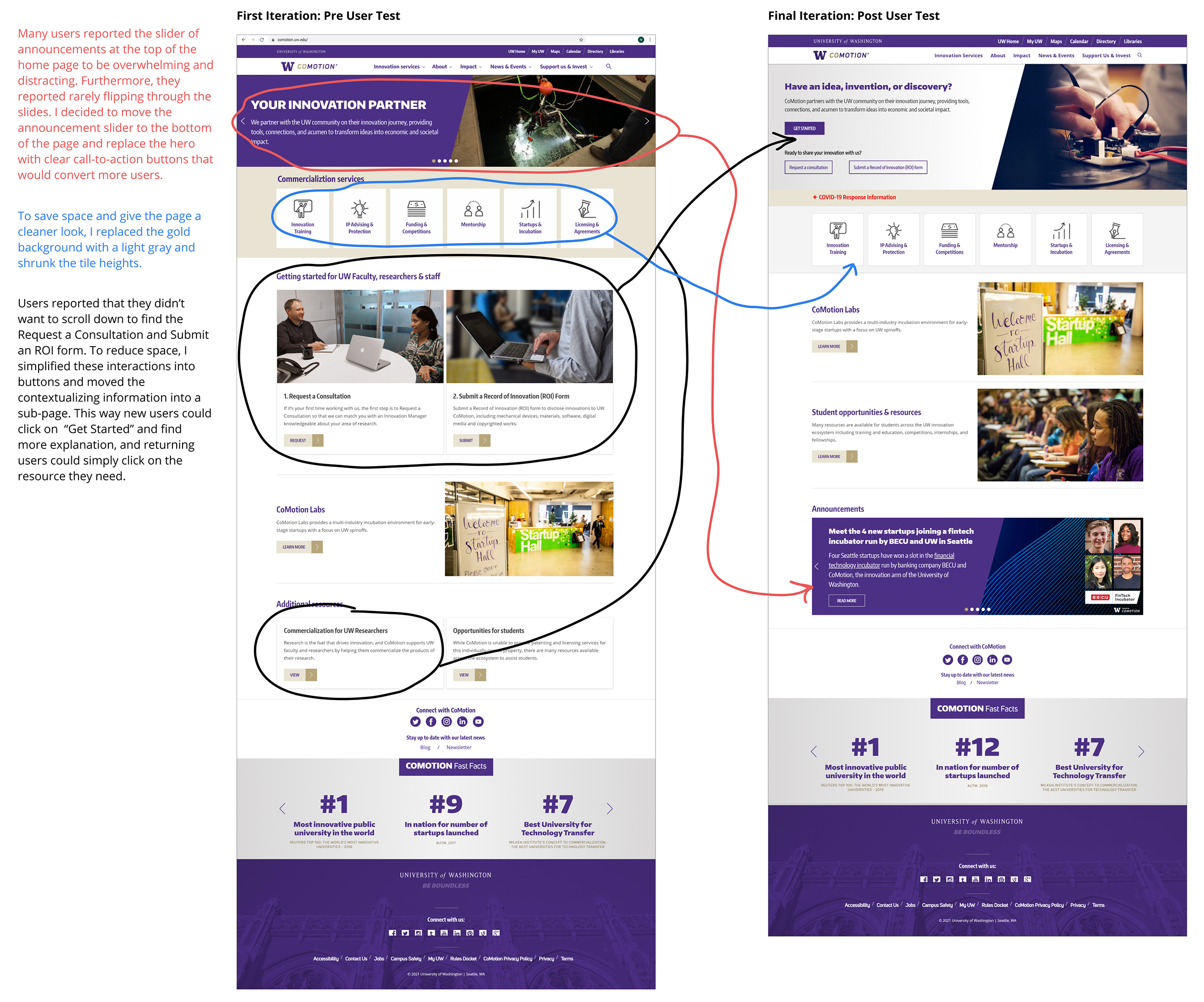 Changes to the homepage based on feedback from user testing participants.