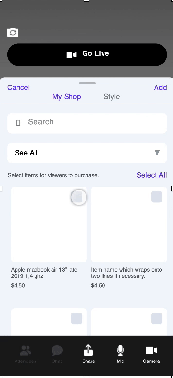 Live video commerce prototype showing shop interaction during a stream