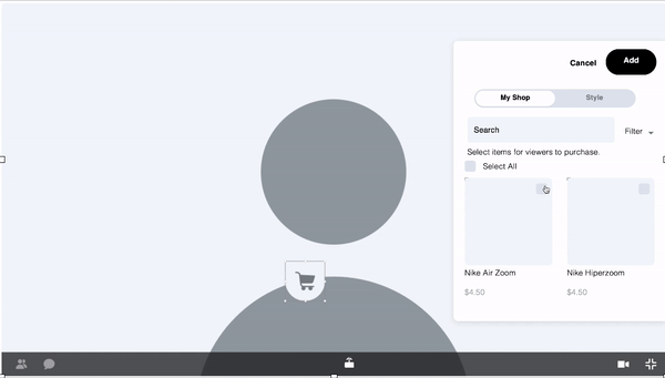 Live video commerce prototype showing the slide-in panel in motion